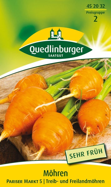 Quedlinburger Saatgut Logo. Möhrensamen Pariser Markt 5, sehr frühe, runde Sorte für den Treib- und Freilandanbau.