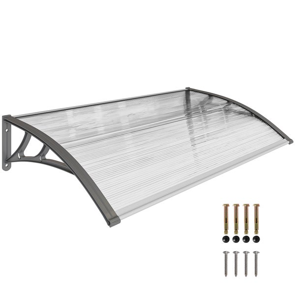 Haustürvordach aus transparentem Polycarbonat mit grauen Halterungen inklusive Montagematerial wie Schrauben und Schwerlastankern.