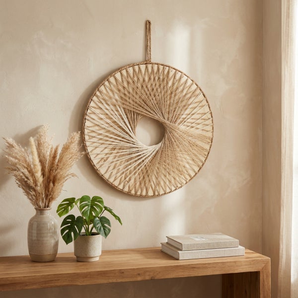 Runde Wanddekoration aus Holz mit Fadenspannung, platziert über einer Holzkonsole mit Vase, Monstera Pflanze und Büchern im Wohnbereich.