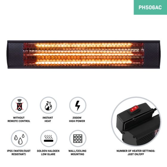 Infrarot-Heizstrahler, 2000 Watt, blendungsarme Halogentechnik, Schutzart IP55, Wand- und Deckenmontage, ohne Fernbedienung, mit Ein-Aus-Schalter.