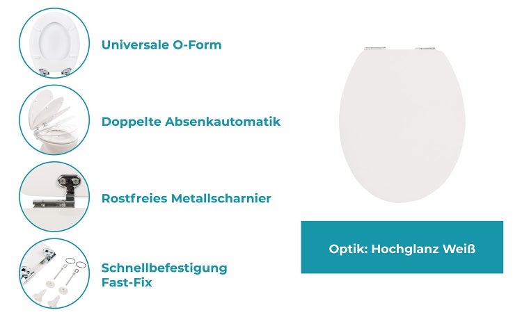 Informationen zum WC-Sitz: Stabile Holzstruktur, keimarme Oberfläche, verbesserte Puffer und geprüft für Belastbarkeit bis 150 Kilogramm.