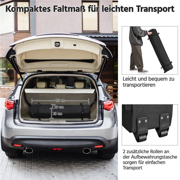 Zusammengeklappte Aufbewahrungstasche im Kofferraum eines Autos mit zwei zusätzlichen Rollen für einfachen Transport