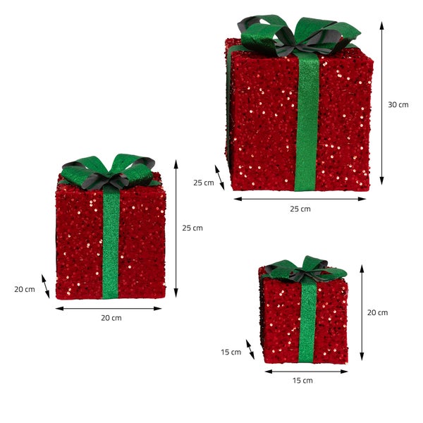 ECD Germany 3er Set LED Geschenkboxen Weihnachten mit Schleifen, Rot-Grün, Warmweiß, batteriebetrieben, mit Timer, Weihnachtsdeko Geschenk Beleuchtet Weihnachtsbaum Dekoration Weihnachtsgeschenkbox