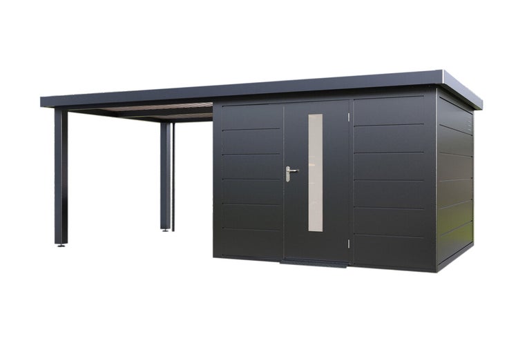 Modernes Gartenhaus aus Metall mit integriertem Carport, Flachdach und einer Tür mit Glaseinsatz.