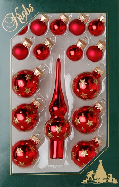 Rot Mini-Dekoset aus Glas, 2cm, 3cm Kugeln, 12cm Spitze, handdekoriert, 16 Stck., Weihnachtsbaumkugeln, Christbaumschmuck, Weihnachtsbaumanhänger