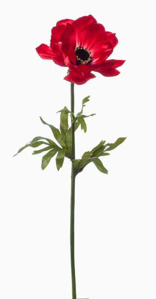 Künstliche rote Anemone mit grünem Stiel und grünen Blättern.