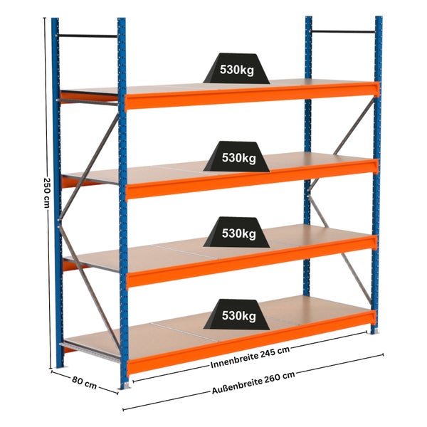 Abbildung eines Schwerlastregals mit vier Ebenen und Maßangaben