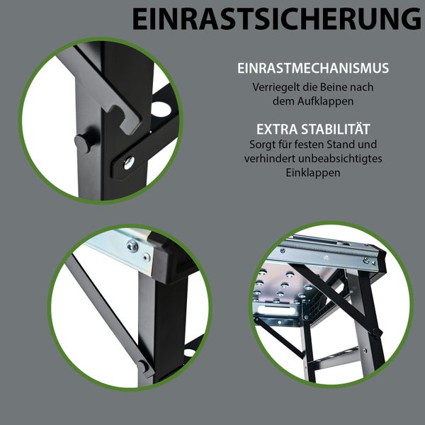 Detailansicht des Einrastmechanismus an einem klappbaren Arbeitsbock für zusätzliche Stabilität und sicheren Stand.