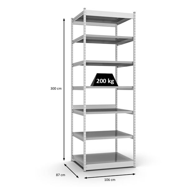 PROREGAL Fachbodenregal Stecksystem Vierkant-Profil Grundregal HxBxT 300 x 102,5 x 80 cm 7 Ebenen Einseitige Bauart Fachlast 200 kg Lichtgrau