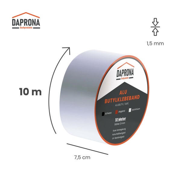 Daprona Alu Butylklebeband, 10 Meter Länge, 7,5 Zentimeter Breite und 1,5 Millimeter Stärke.