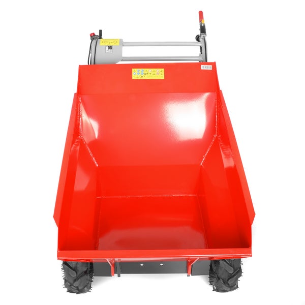 Rote Motorschubkarre mit großer Ladefläche und grobstolligen Reifen in der Draufsicht.