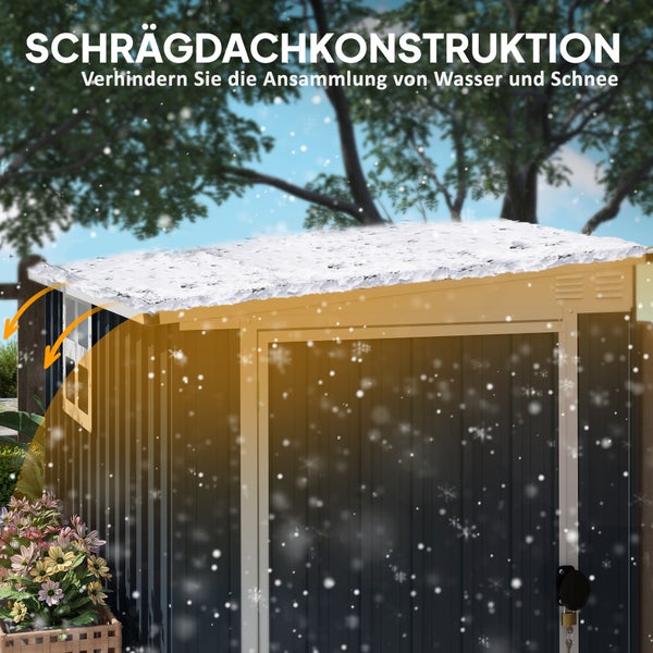 Outsunny Metall Gerätehaus 2,6m² 128x193x181cm Geräteschuppen mit Pultdach Fenster Abschließbarer Tür wetterfest Gartenhaus Outdoor Garten Schuppen für Hinterhof Außenbereich Dunkelgrau