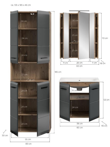 Badezimmermöbel-Set in Holzoptik und Grau mit Hochschrank, Spiegelschrank und Waschtischunterschrank. Maße circa 135 mal 185 mal 46 Zentimeter.