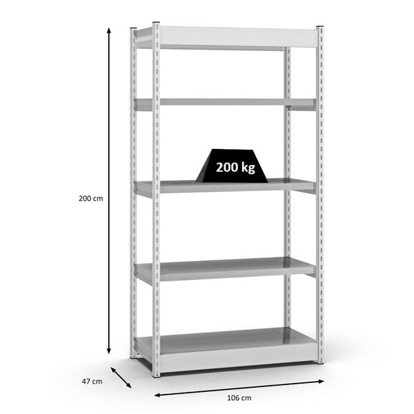 PROREGAL Fachbodenregal Stecksystem Vierkant-Profil Grundregal HxBxT 200 x 102,5 x 40 cm 5 Ebenen Einseitige Bauart Fachlast 200 kg Lichtgrau