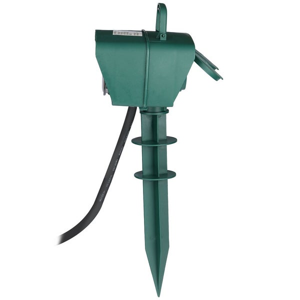 2-Wege-Gartensteckdosen - Grün - IP44 - 3m Kabel - Garden Spike