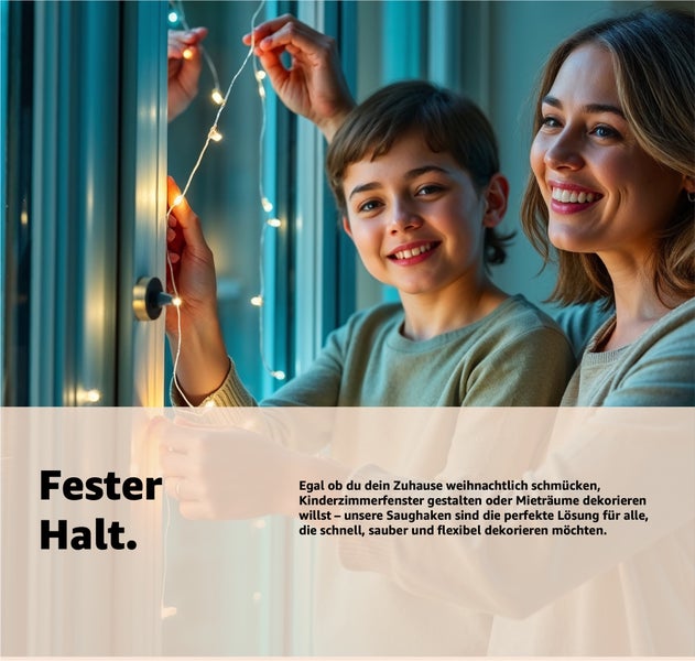 Mutter und Kind dekorieren Fenster mit Lichtern, festem Halt.