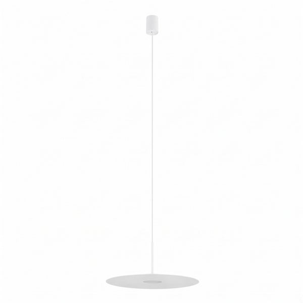 Moderne LED Pendelleuchte mit flachem kreisförmigem Schirm und Deckenbefestigung für eine minimalistische Raumbeleuchtung.