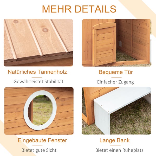 Detailansicht eines Holzhauses mit Tür, Fenster und Bank aus Tannenholz