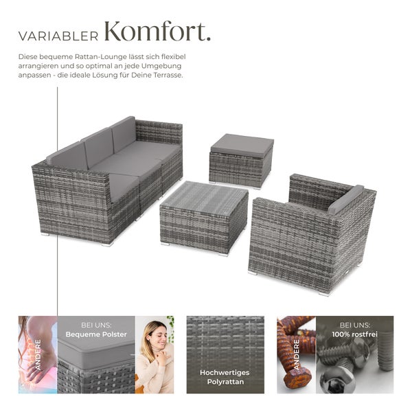 Rattan Lounge tectake Lignano variabel aufstellbar für 4 bis 5 Personen grau