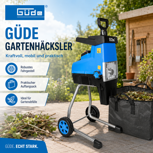 Güde Gartenhäcksler mit robustem Fahrgestell, Auffangsack und Gartenabfällen.