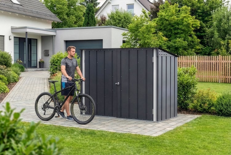Anthrazitfarbenes Metall-Fahrradhaus in einem Garten mit einem Mann, der ein Mountainbike daneben schiebt.