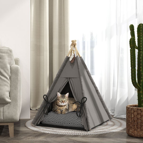 PawHut Tipi Zelt für Haustiere, Katzenzelt mit abnehmbar und waschbar Kissen, Katzenhaus mit rutschfestem Boden, Spielball, für Katzen unter 5kg, Mini Hunde, 60 x 60 x 76 cm, Grau