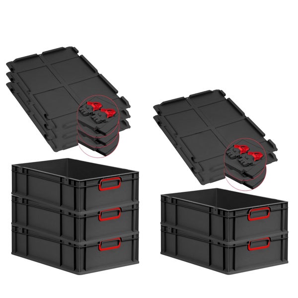 PROREGAL SuperSparSet 5x Eurobox NextGen Color mit Scharnierdeckel und Schiebeschnappverschlüssen, HxBxT 17x40x60cm, 34 Liter, Schwarz, Griffe rot geschlossen, Eurobehälter, Transportbox, Transportbehälter, Stapelbehälter