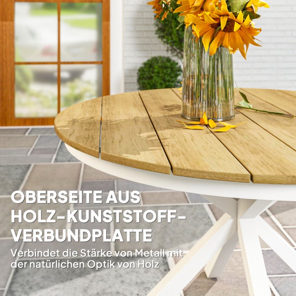 Outsunny Gartentisch Ø118cm, Wetterfest Balkontisch aus Aluminium, Beistelltisch mit Kreuzbeine Lattendesign Esstisch Outdoor, Campingtisch, rund Terrassentisch für Garten Balkon Teak