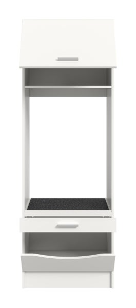 Küchenhochschrank für Einbaugeräte, Weiß, mit Klappe oben, Nische für Backofen, Fachboden und Schublade.