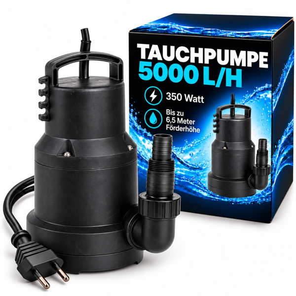 Tauchpumpe mit 350 Watt Leistung und 5000 Litern pro Stunde Fördermenge mit Anschlusskabel und Stecker vor der Produktverpackung
