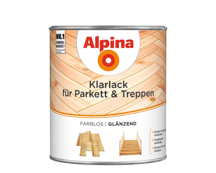 Alpina Klarlack für Parkett und Treppen, farblos und glänzend, Nummer eins Farben-Marke, in der Metalldose.