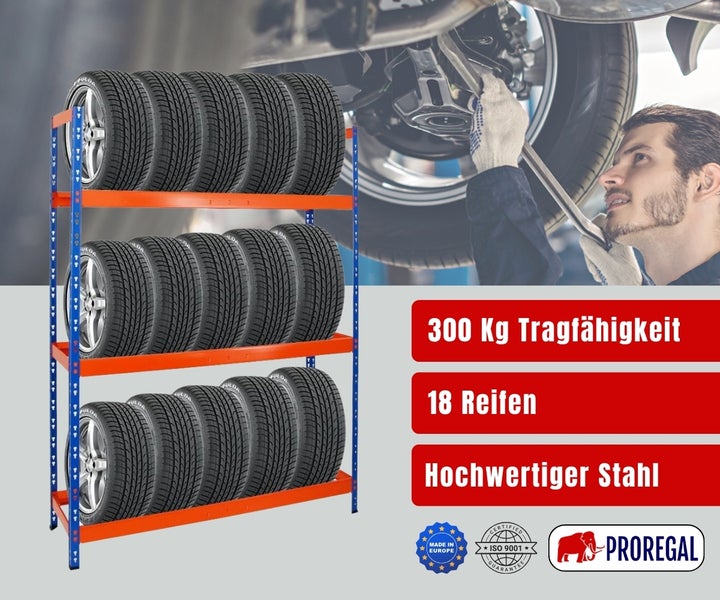 Reifenregal aus Stahl für 18 Reifen, 300 Kilogramm Tragfähigkeit, In Europa hergestellt, ISO 9001 zertifiziert, Proregal Logo, Werkstatt.