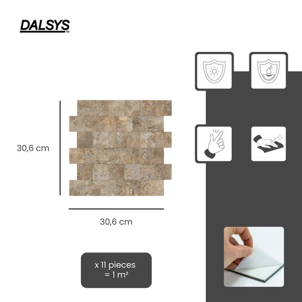 Dalsys Logo. Dalsys selbstklebende Mosaik-Wandfliesen in Steinoptik, 30,6 mal 30,6 Zentimeter. 11 Stück für 1 Quadratmeter. UV-Schutz und wasserfest.