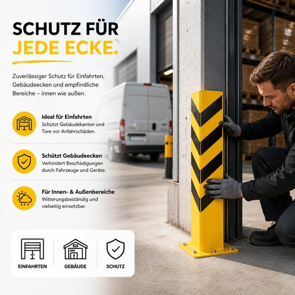 Ein Mann montiert einen gelb-schwarz gestreiften Eckschutz aus Metall an eine Betonecke zum Schutz vor Anprallschäden durch Fahrzeuge.