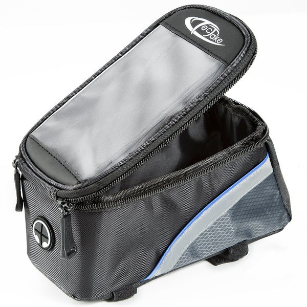 Geöffnete Fahrradrahmentasche mit transparentem Fach und Reißverschluss