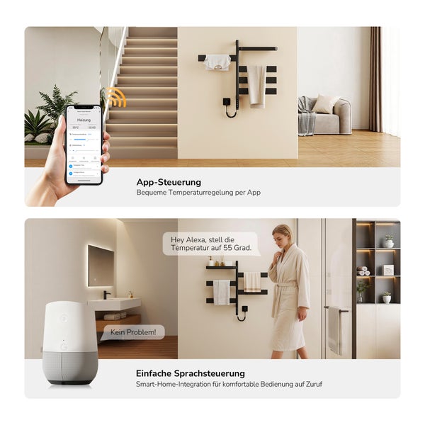 Schwarzer elektrischer Handtuchheizkörper mit App-Steuerung und Sprachsteuerung über Smart-Home-Systeme in modernem Badezimmer.