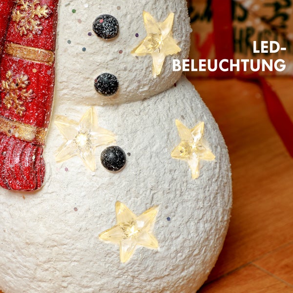 HOMCOM Weihnachtsdeko Figur, Schneemann mit Schals, Hüte und Vögel, 38 cm Weihnachtsfigur mit LED-Licht, Dekofigur zu Weihnachten, für In- und Outdoor
