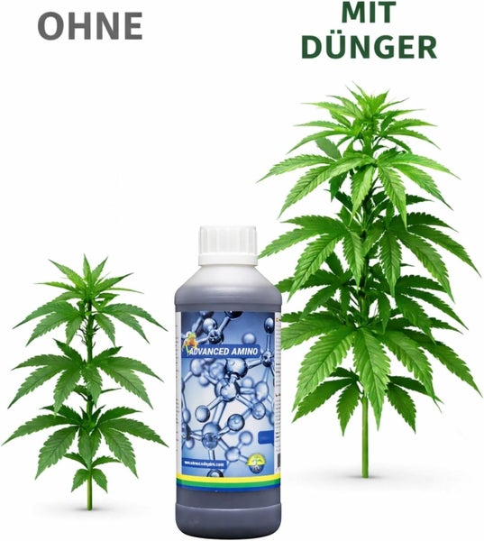Vergleich des Pflanzenwachstums ohne Dünger und mit Advanced Amino Flüssigdünger, dargestellt durch zwei Pflanzen unterschiedlicher Größe.