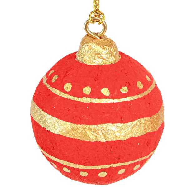 Dekorativer, roter Weihnachtskugel-Anhänger mit goldenen Verzierungen.