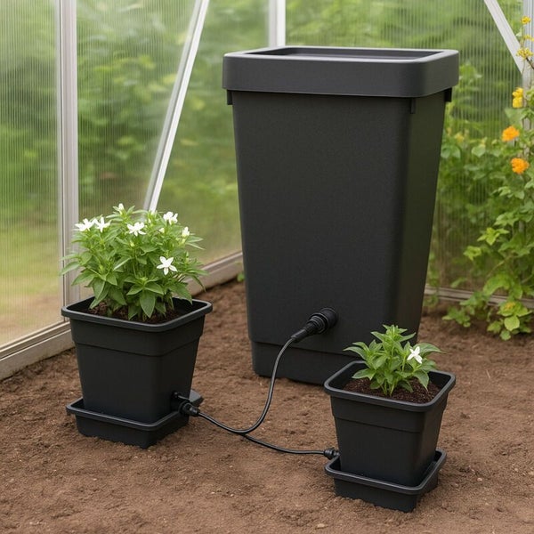 Automatisches Bewässerungssystem in einem Gewächshaus mit einem großen Wassertank und zwei angeschlossenen Blumentöpfen mit weißen Blumen.