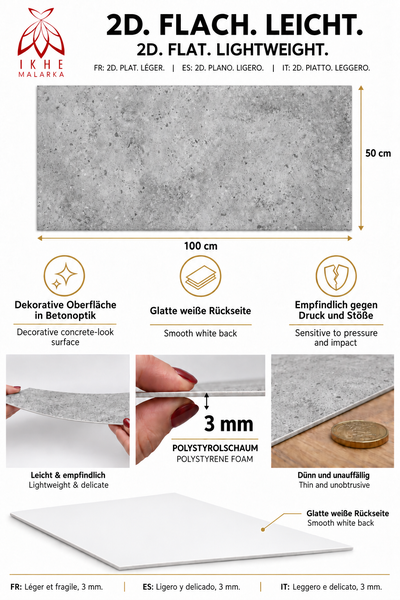 Ikhe Malarka Wandpaneel in Betonoptik, 100 mal 50 Zentimeter, 3 Millimeter Polystyrolschaum, leicht und flach mit glatter Rückseite.