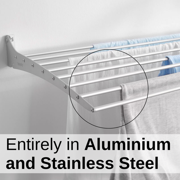 Wäscheständer aus Aluminium und Edelstahl zur Wandmontage mit Wäsche
