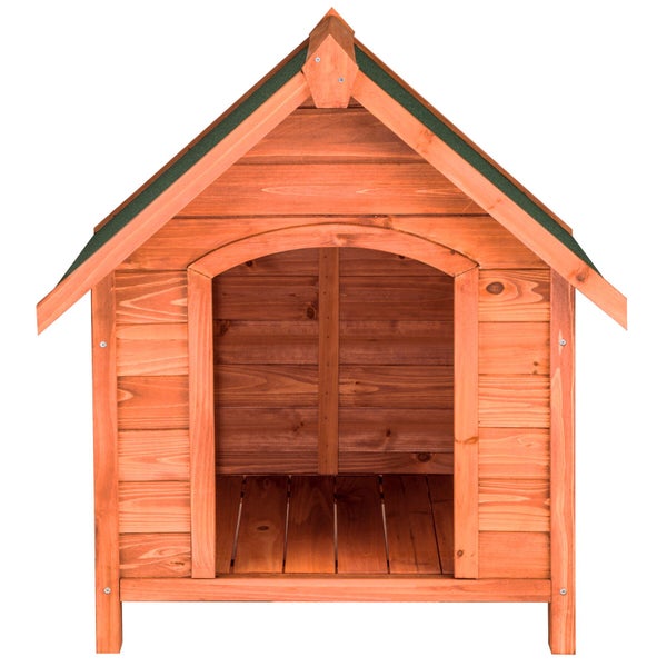 Hundehütte aus Holz mit Satteldach und grünem Bitumenbelag.