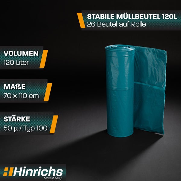 Hinrichs stabile Müllbeutel auf Rolle, 120 Liter, 70 mal 110 Zentimeter, Stärke 50 Mikrometer Typ 100, 26 Beutel.