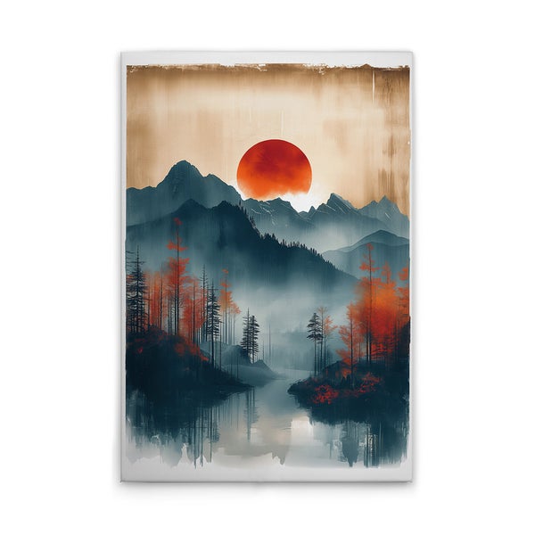 Gemälde einer Gebirgslandschaft mit roter Sonne und Bäumen auf Leinwand