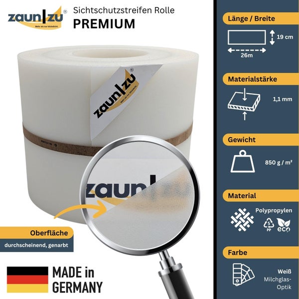 Blickdichtheitsstreifen Rolle aus Polypropylen, 19 cm x 26 m, Materialstärke 1,1 mm, Gewicht 850 g pro Quadratmeter, Farbe Weiß Milchglas-Optik, Made in Germany