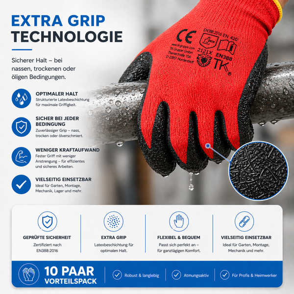 Arbeitshandschuh mit Latex-Beschichtung für festen Halt an nassem Rohr, Detailansicht der Oberflächenstruktur und Informationen zur Sicherheit.