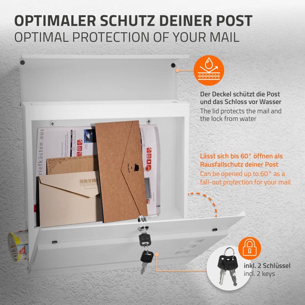 ECD Germany Standbriefkasten mit Zeitungsfach, Design Briefkasten mit Pfosten, Briefkastenanlage, Briefkastenständer Silber 120 cm Edelstahl, Postkasten Weiß 37x10,5x36,5 cm Stahl pulverbeschichtet