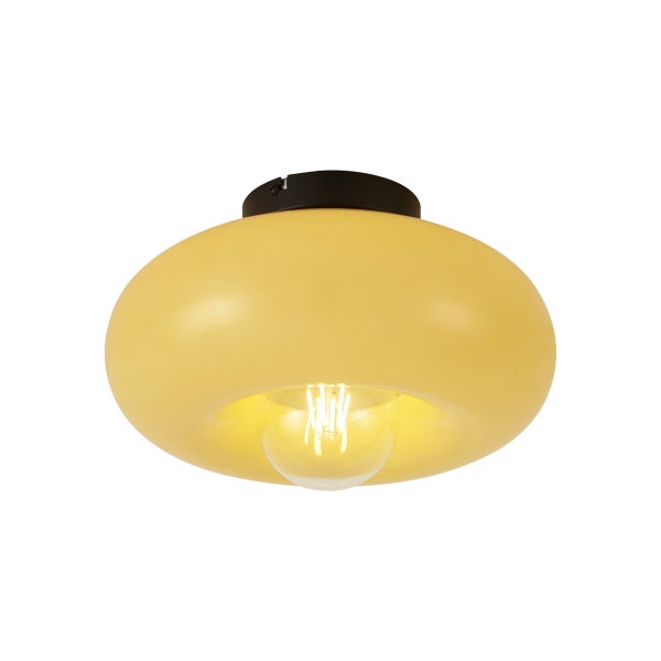 Moderne Deckenleuchte mit rundem, gelbem Glasschirm in Ringform und sichtbarem Filament-Leuchtmittel.