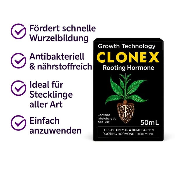 Clonex Bewurzelungshormon, Growth Technology Logo, 50 Milliliter. Fördert Wurzelbildung, antibakteriell, nährstoffreich, ideal für Stecklinge.